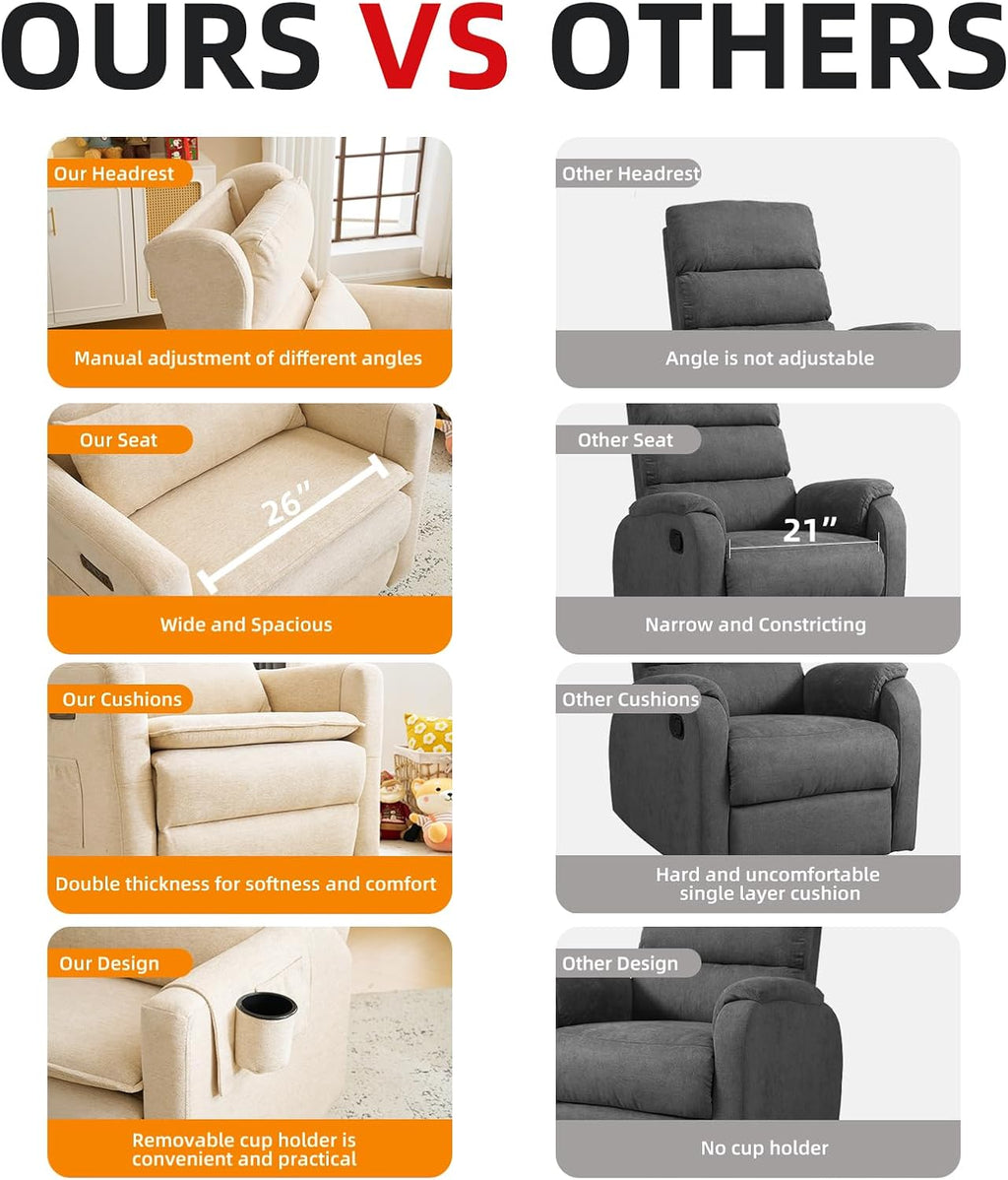 Power Recliner Chair Swivel Glider,Oversized Nursery Chair Recliner with Lumbar Support, Upholstered Swivel Rocker Recliner Chair, Glider Nursery Chair with Adjustable Headrest, Beige