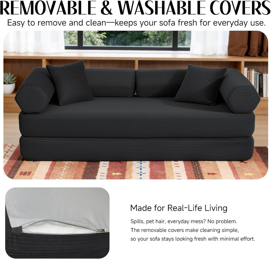 79" Corduroy Sofa Bed, Couch in a Box with 2 Pillows, High-Density Foam 4-in-1 Foldable Sleeper Futon Loveseat for Small Spaces, No Assembly, Side Pockets, Hex Arm Black