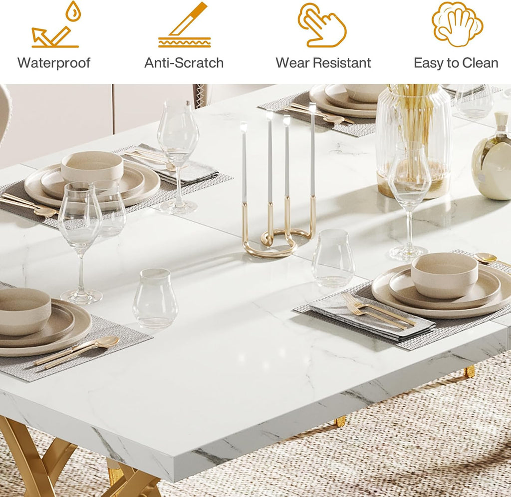 Tribesigns 63" Dining Table for 4 to 6, White and Gold Kitchen Table | Modern Large Rectangular Dinner Table Kitchen & Dining Room Furniture with Faux Marble Tabletop and Geometric Legs