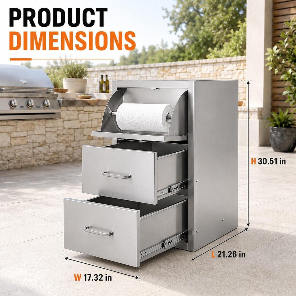 Outdoor Kitchen Drawers, 17" W x 30" H x 21" D Stainless Steel BBQ Drawer with Paper Towel Holder Combo, Flush Mount Triple Access Drawers with Handle for Outdoor Kitchen Island, Patio Grill Station