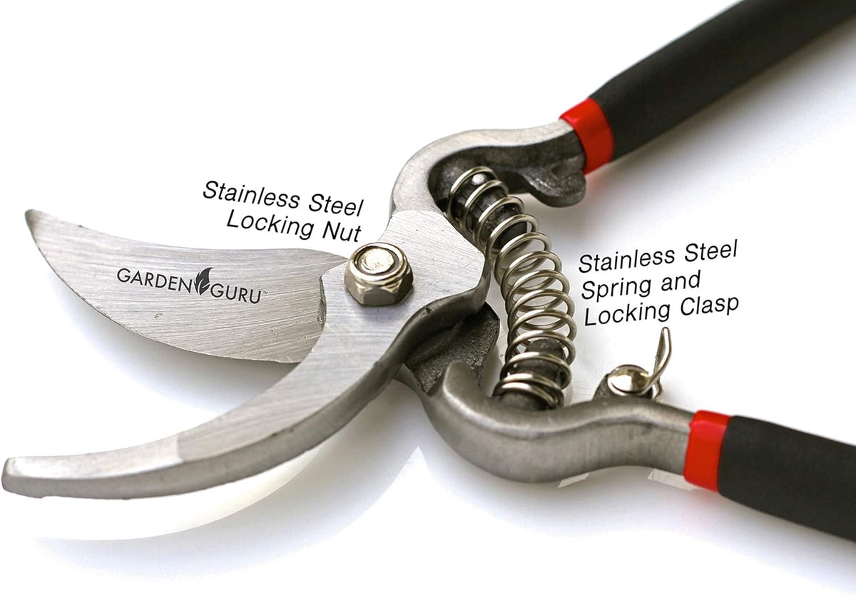 GARDEN GURU Classic Bypass Pruning Shears Clippers – Heavy Duty Forged Steel Garden Pruners – Safety Lock – Non Slip Comfort Grips – Cuts up to 1” Diameter – Professional Bypass Pruners for Gardening