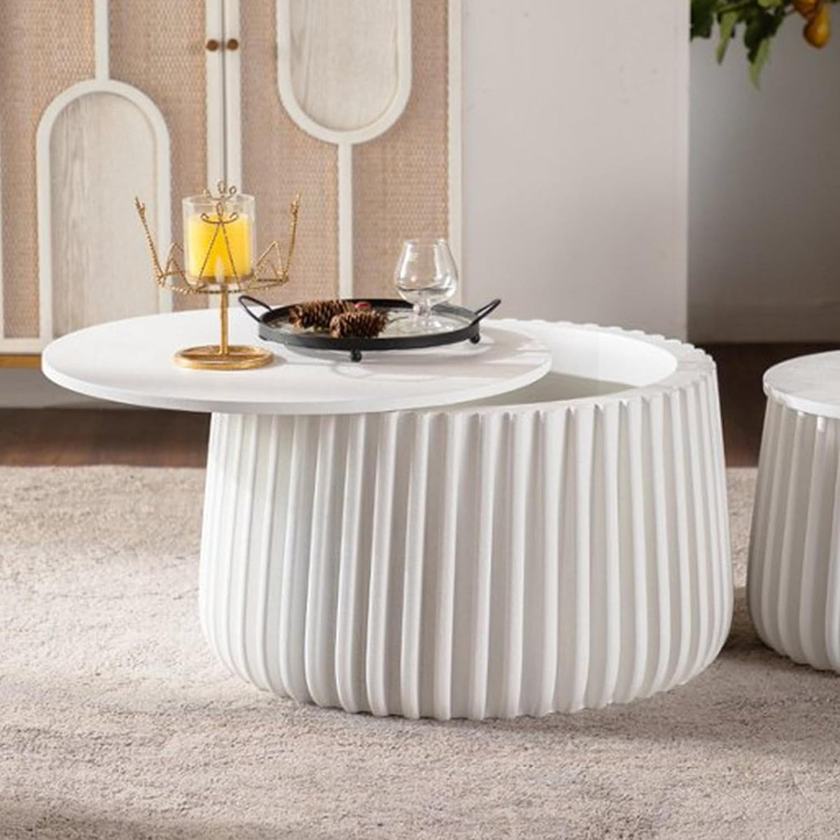 Geelife White Round Storage Table Set with Lift-Off Lid and Nesting Design | Lift-off lid reveals hidden storage compartment for blankets and essentials
