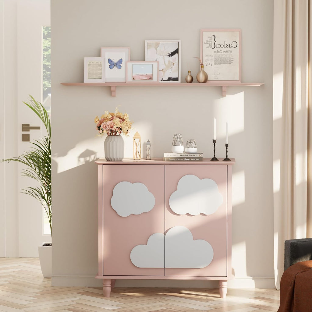 Anbuy Sideboard Buffet Cabinet with Storage 2 Doors, 31.5'' Cloud Buffet with Decoration, Scalloped Coffee Bar with Adjustable Shelf for Kitchen, Living Room (Pink & White)