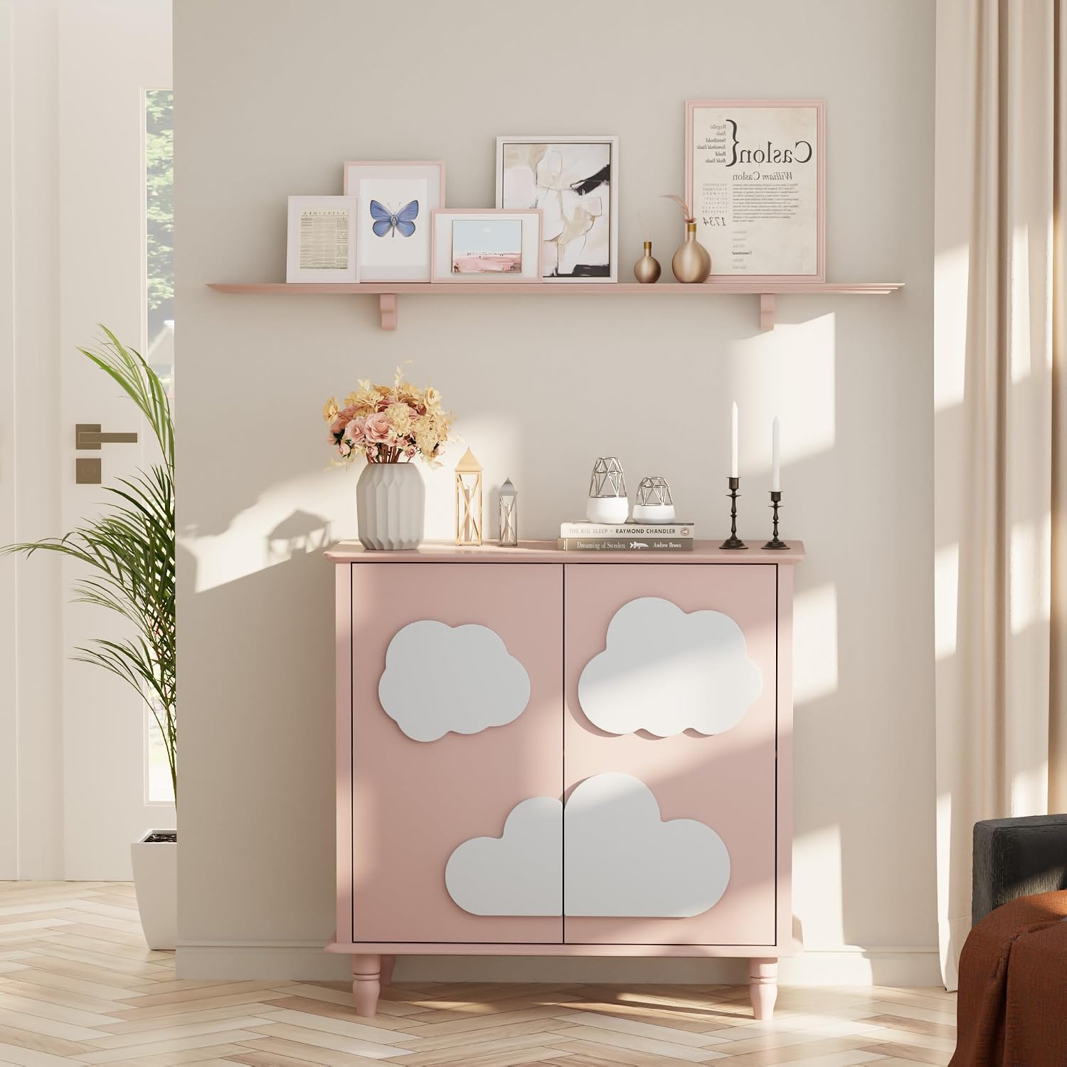 Anbuy Sideboard Buffet Cabinet with Storage 2 Doors, 31.5'' Cloud Buffet with Decoration, Scalloped Coffee Bar with Adjustable Shelf for Kitchen, Living Room (Pink & White)