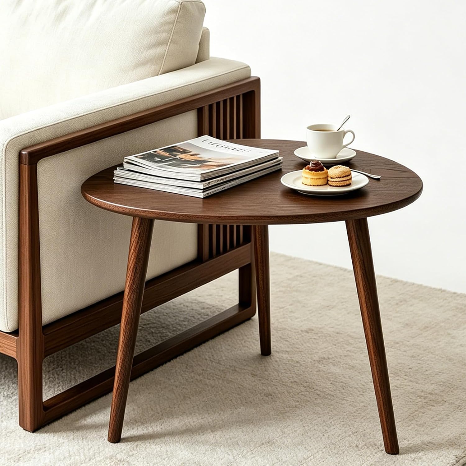 Walnut Oval Side Table, 17.5''D x 25.6''W x 19.7''H, Mid Century Modern Small Coffee Table with 3 Tapered Legs, Solid Oak Wood for Small Spaces, Living Room, Apartments, Easy Assembly