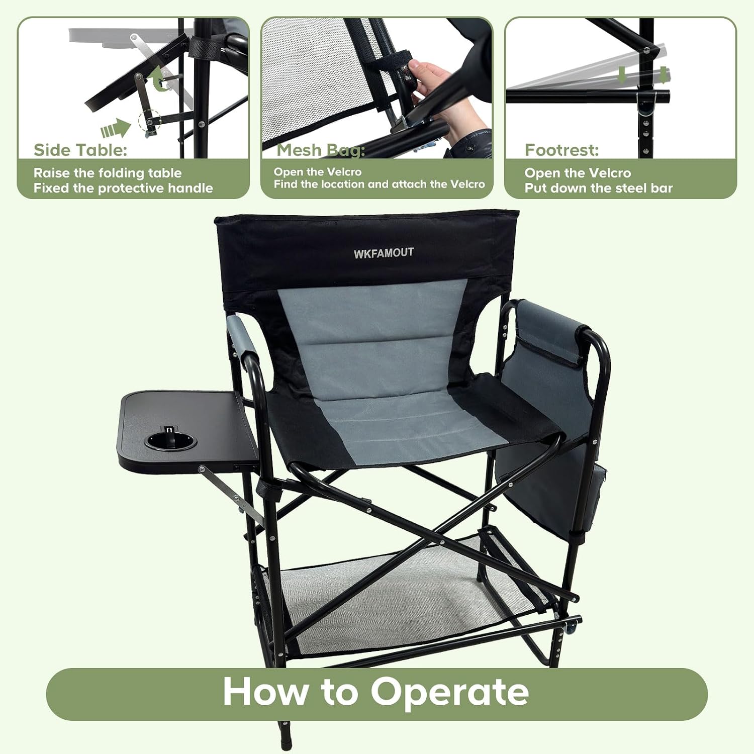 27" Tall Camping Director Chair Oversized with Side Table, Heavy Duty Folding Lawn Chair Outdoor for Makeup Artist, Sports Event, Supports 330LBS