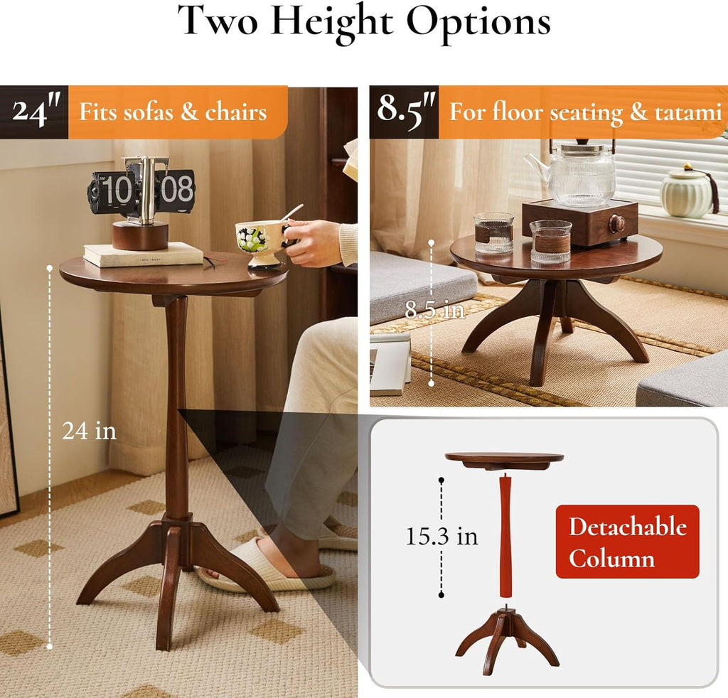 Small Round Side Table, Solid Wood End Table with Adjustable Height, Portable Accent Coffee Table, Nightstand,15.75" Dia.x 23.62" H,(Walnut)