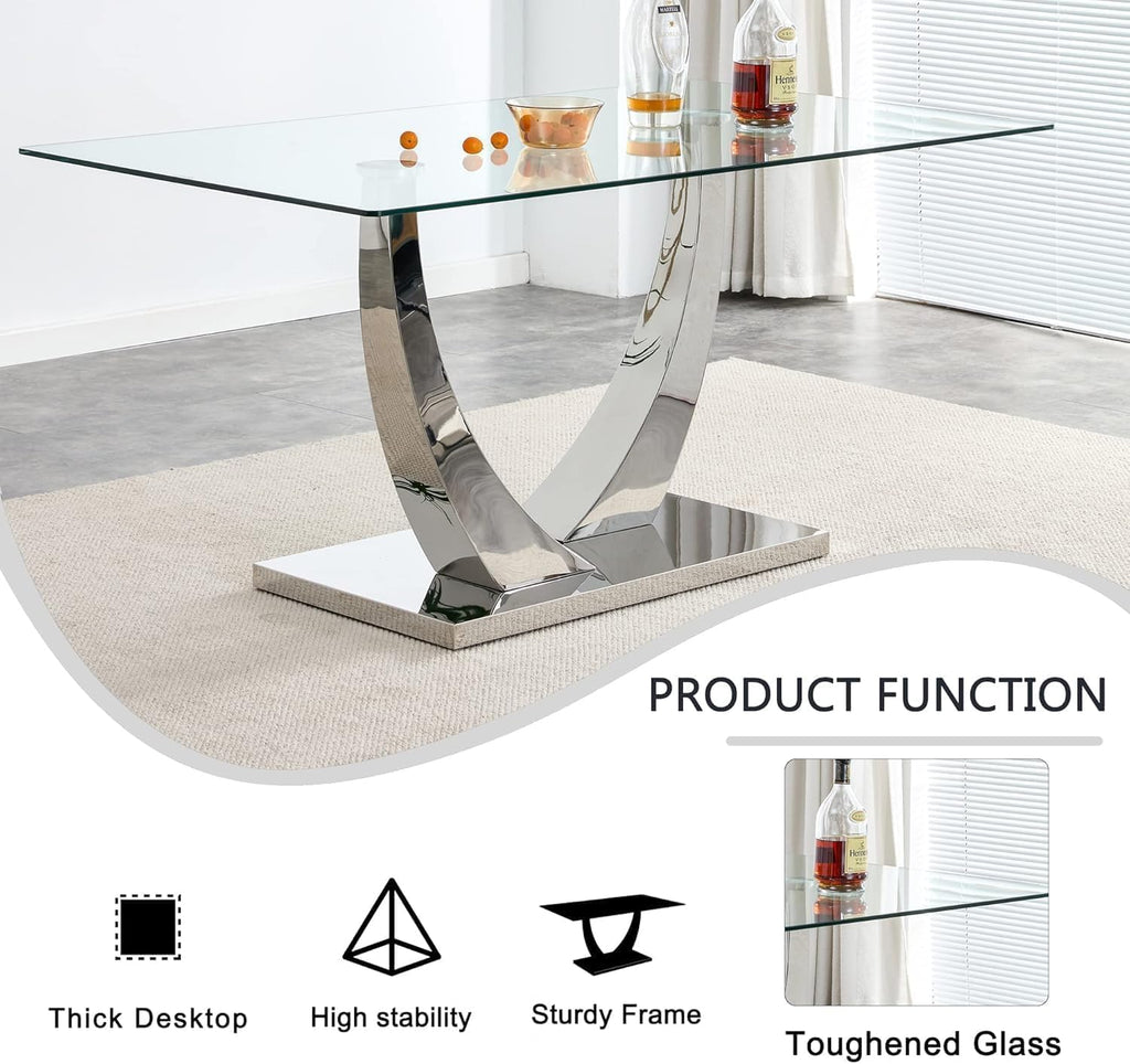 Mid Century Modern Glass Dining Table Set for 6 with Bench, 63'' Large Luxury Clear Rectangular Glass Top Dinner Room Set, 6 PCS Retro Furniture Kitchen Set, Black High-end Tufted Chairs