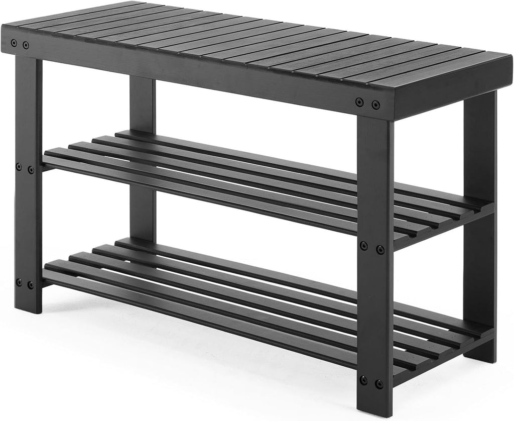 Sweetcrispy Shoe Rack Bench, 3-Tier Bamboo Entryway Storage Organizer, 286lb Capacity, Shoes Stand for Front Door Entrance, Bedroom, Living Room, Bathroom, Balcony, 11.3 x 27.6 x 17.8 Inches, Black