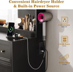 Large Makeup Vanity Desk with Mirror and Lights & Charging Station, Black | 3 Lighting Modes Adjustable Brightness, 3 Drawers, 2 Large Cabinets, 4 open shelves and Hairdryer Holder for Women Girls