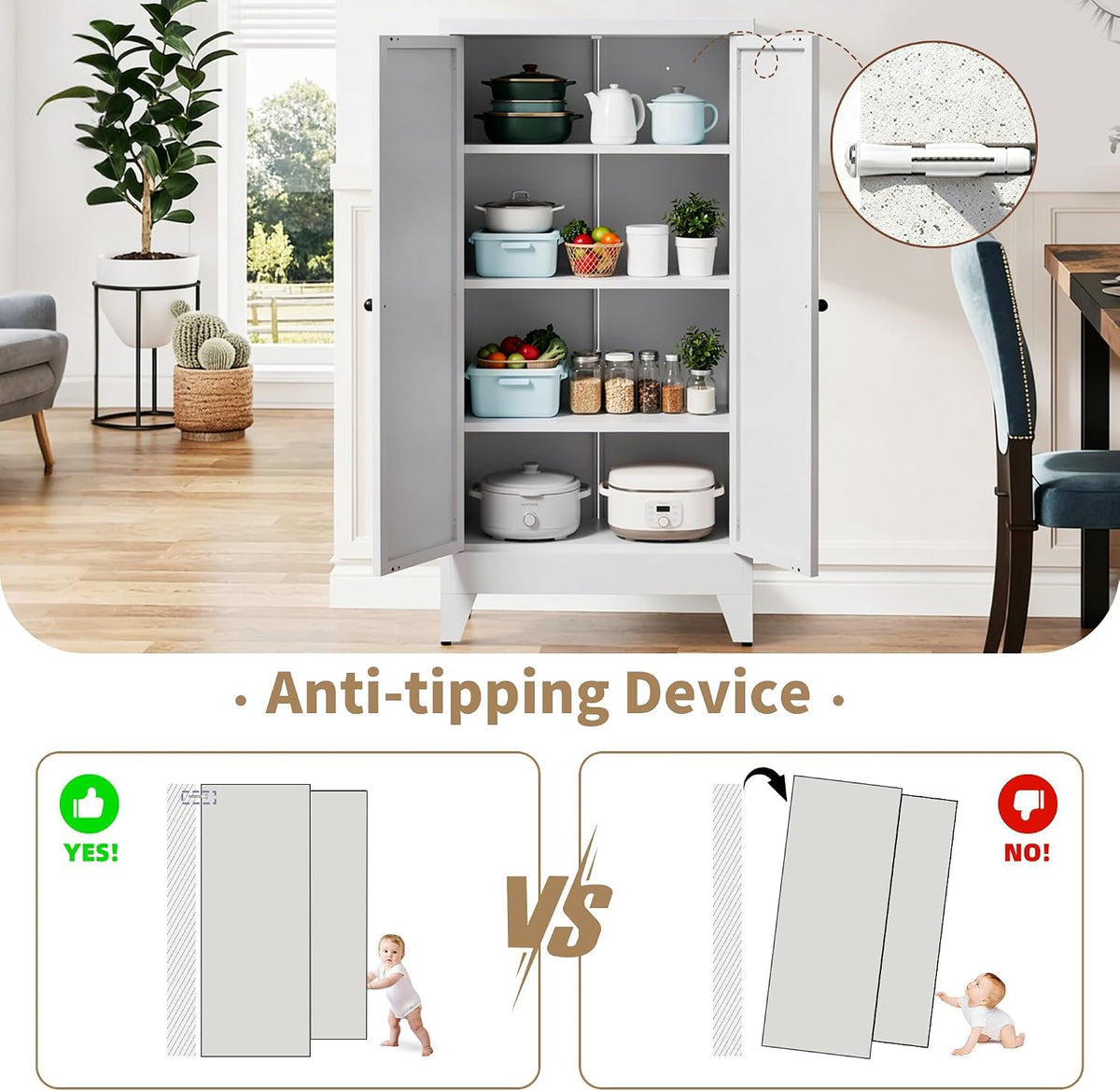 47.3 Inch White Metal Pantry Cabinet Freestanding Storage Organizer with 3 Adjustable Shelves 110lb Per Shelf Heavy Duty Cabinet for Living Room
