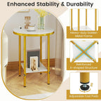 Giantex Round Side Table Set of 2, 2-Tier Faux Marble Bedside Night Stand w/Metal Frame & Open Storage Shelf, Gold Accent Style, Tall Coffee Sofa End Table for Living Room Bedroom Small Spaces