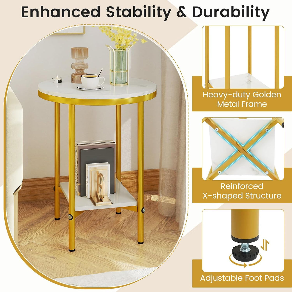Giantex Round Side Table Set of 2, 2-Tier Faux Marble Bedside Night Stand w/Metal Frame & Open Storage Shelf, Gold Accent Style, Tall Coffee Sofa End Table for Living Room Bedroom Small Spaces