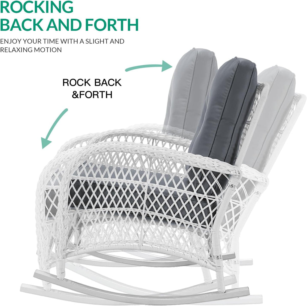 VIVIJASON Outdoor Wicker Rocking Chair, Patio Rattan Rocker Chair with Cushions & Steel Frame, All-Weather Rocking Lawn Rattan Furniture for Garden Backyard Porch (White Wicker/Grey)