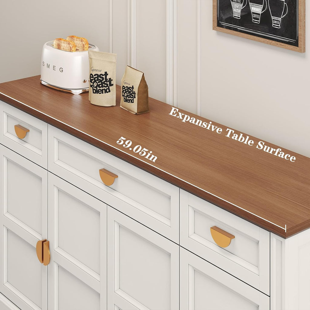 HLR Buffet Cabinet with Drawers,60” Large Sideboard Storage Cabinet with Shelves and Doors,Modern Farmhouse Wooden Coffee Bar Credenza for Dinning Room,Kitchen,Living Room,White