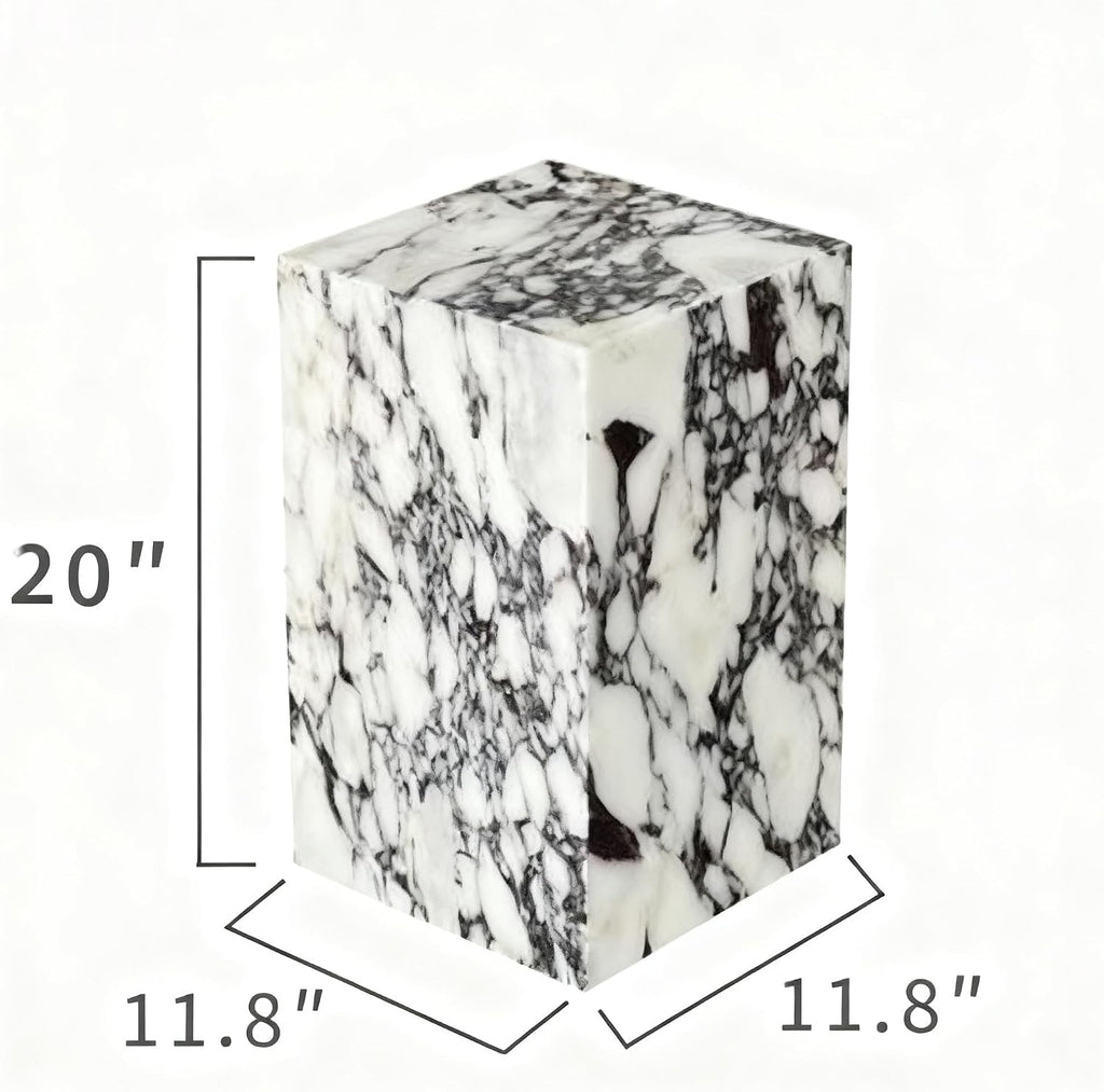 Natural Calacatta Viola Marble Side Table, 11.8" Square End Table for Living Room and Bedroom, Luxury Real Stone Nightstand, Heavy Duty Small Coffee Table, No Assembly Required, 19.6" Height