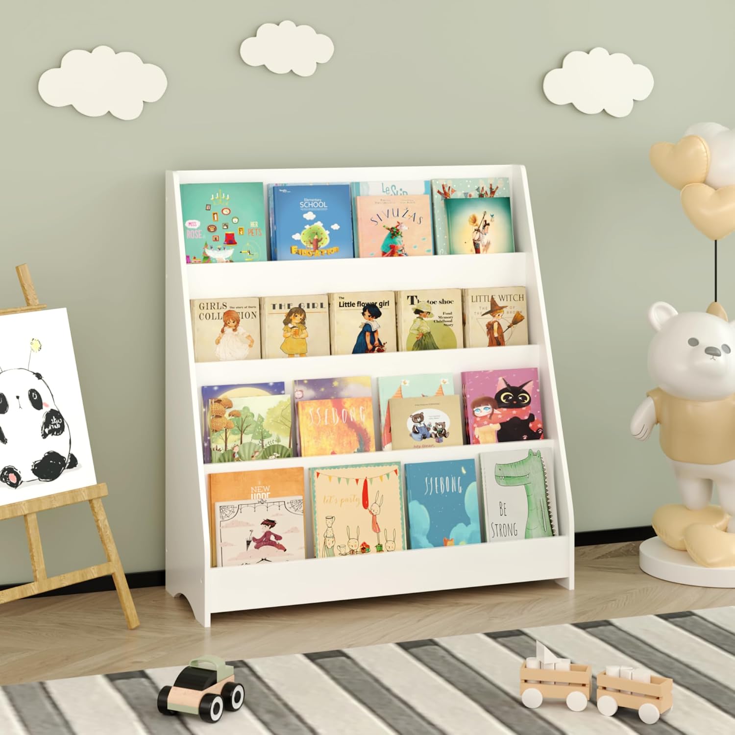 4-Tier Kids Bookshelf Toddler Book Display for Bedroom Playroom | Multi-tier open display shelf for books and toys. Durable engineered wood. Perfect for kids bedroom, playroom, or classr
