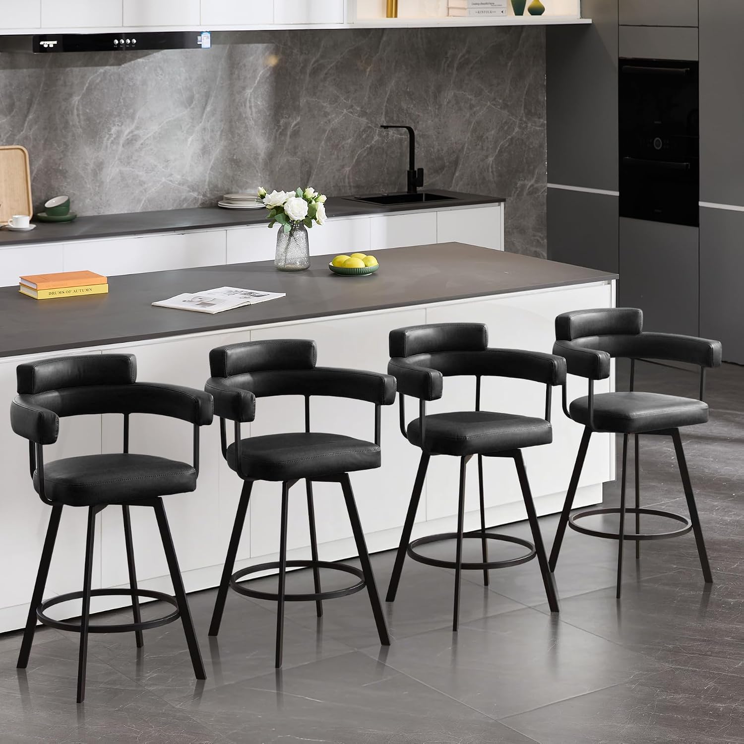 Swivel Counter Height Stools Set of 2, 26‘’ Kitchen Bar Stools with Arm Rest, Black Faux Leather Island Chairs with Metal Legs