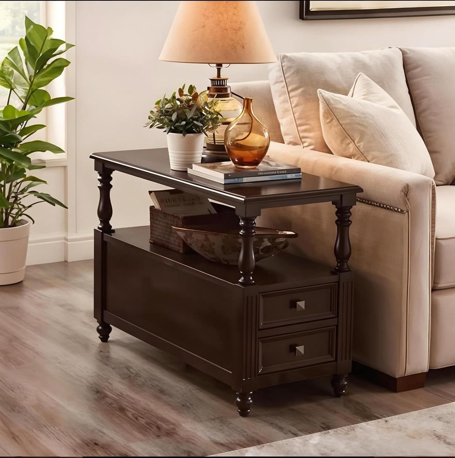 YUNMUARY-Solid Wood End Table with 2 Drawer Mid-Century Nightstand Narrow Side Tables with Storage Dark Walnut Side Tables for Living Room Small Space Sofa Side Table,Easy Assembly
