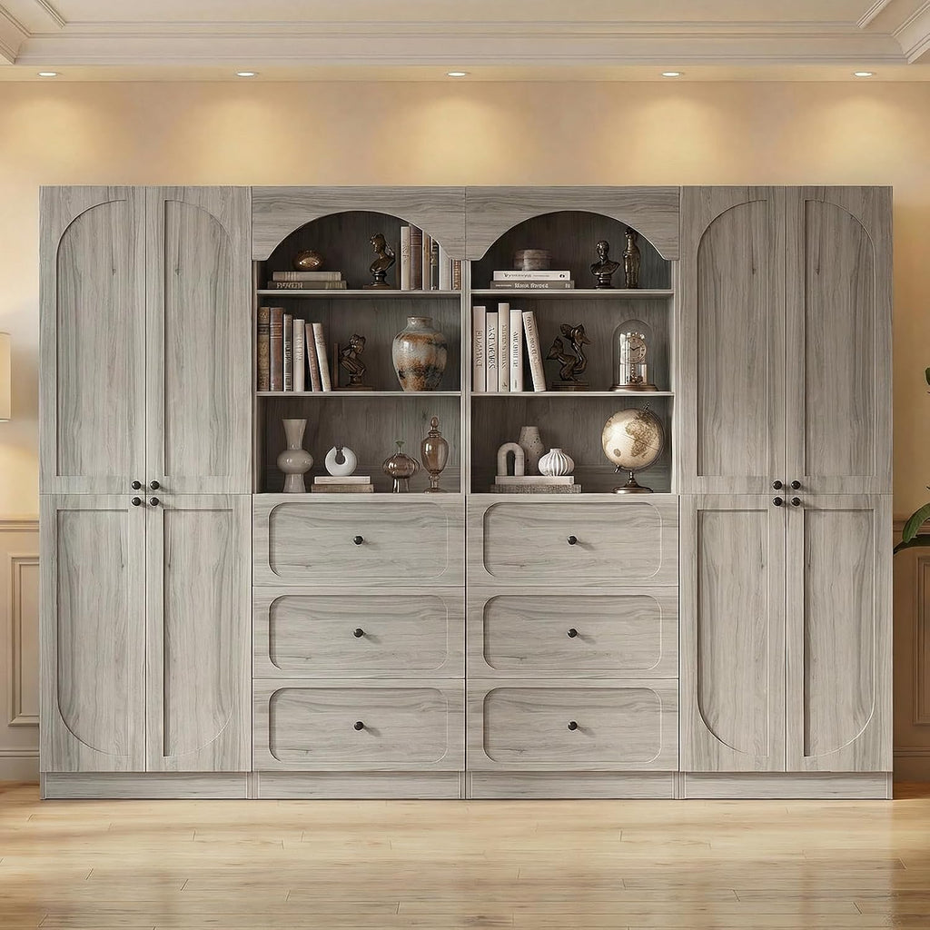 Cyclysio 80" Kitchen Pantry Cabinet with 3 Drawers, 47" Wide Arched Kitchen Storage Cabinets with 3-Tier Open Shelves, Wood Floor Cupboard with Seamless Fit Wall for Living Room, Kitchen, Bathroom