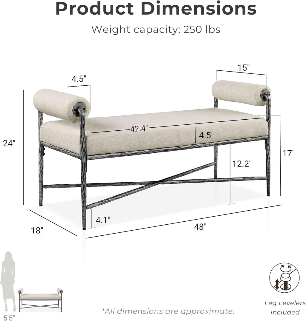 24/7 Shop at Home Lalia Upholstered 48-inch Metal Bench with Padded Roll Arms, Beige Fabric Seat, Hammered Forged Steel Frame, Modern Bedroom or Entryway, Matte Gray
