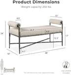 24/7 Shop at Home Lalia Upholstered 48-inch Metal Bench with Padded Roll Arms, Beige Fabric Seat, Hammered Forged Steel Frame, Modern Bedroom or Entryway, Matte Gray