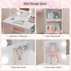 Girls Vanity with Lights, Kids Vanity Table and Chair Set for Princess, Toddler Makeup Vanity Desk with Open Bookshelf, Storage Cabinet & Side Shelves, Stools, White