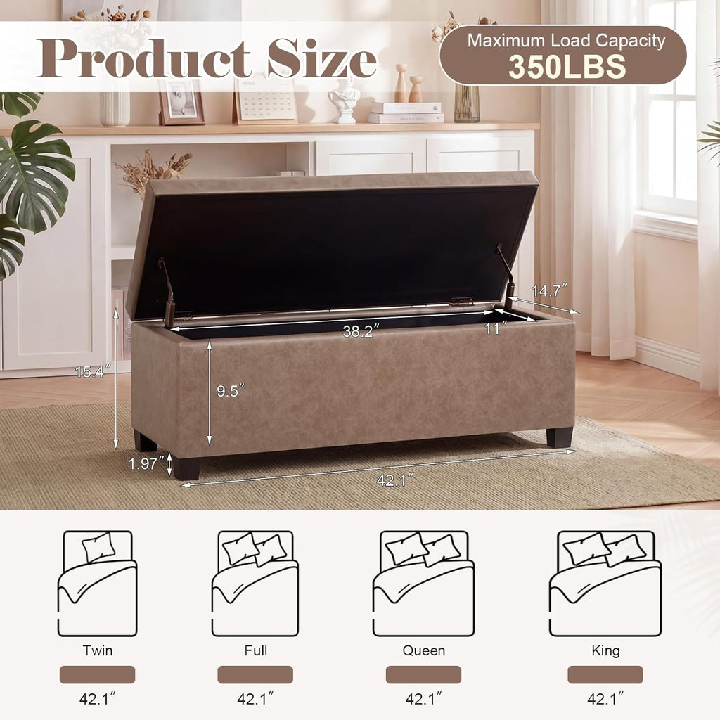 Asense Storage Ottoman Bench,42 inch Wide Upholstered Faux Leather Rectangular Ottoman with Legs,Safety Hinge Storage Bench for Living Room,Bedroom,Entryway