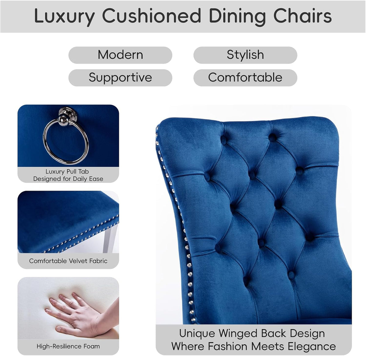 Modern Velvet Upholstered Dining Chairs Set of 4 - Tufted Back with Nailhead Trim & Silver Stainless Steel Legs for Kitchen, Dining Room, Living Room (Blue)