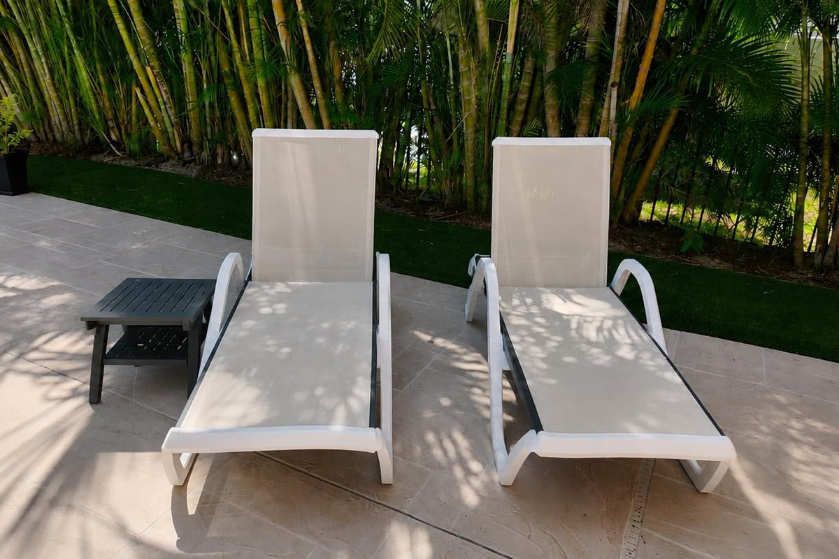 PURPLE LEAF Lounge Chair Outdoor Set of 2 w/Armrest & 1 Table, Khaki | Easy Assembly, Rustproof, A matching side table keeps cold drinks, phones, and sunglasses within easy reach while lounging