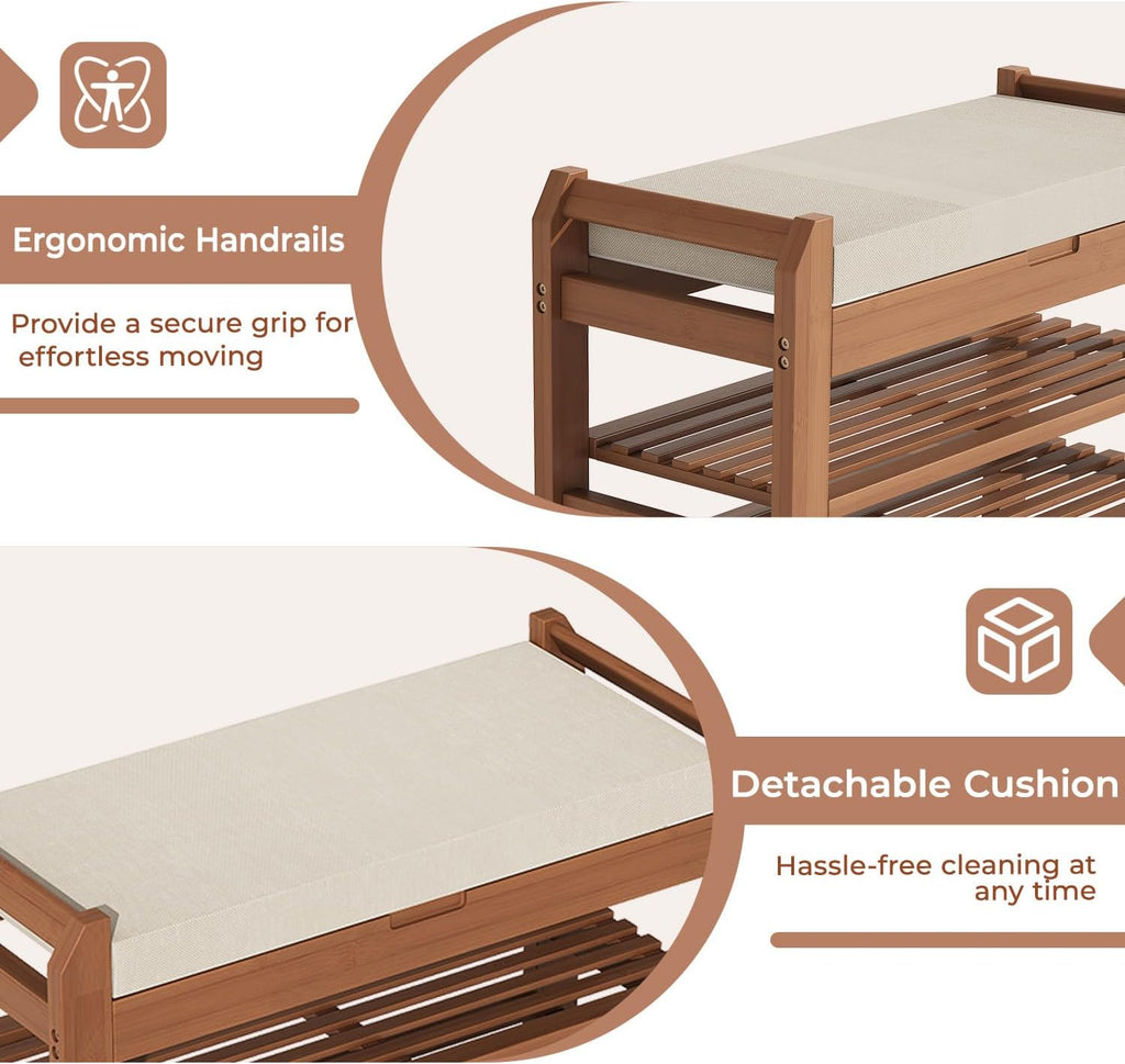 27.6" Bamboo Shoe Bench with Cushion, 5 Hooks Coat Rack, 2-Tier Storage Bench for Entryway, Heavy Duty Shoe Rack Organizer with Removable Soft Cushion for Living Room Bedroom Hallway