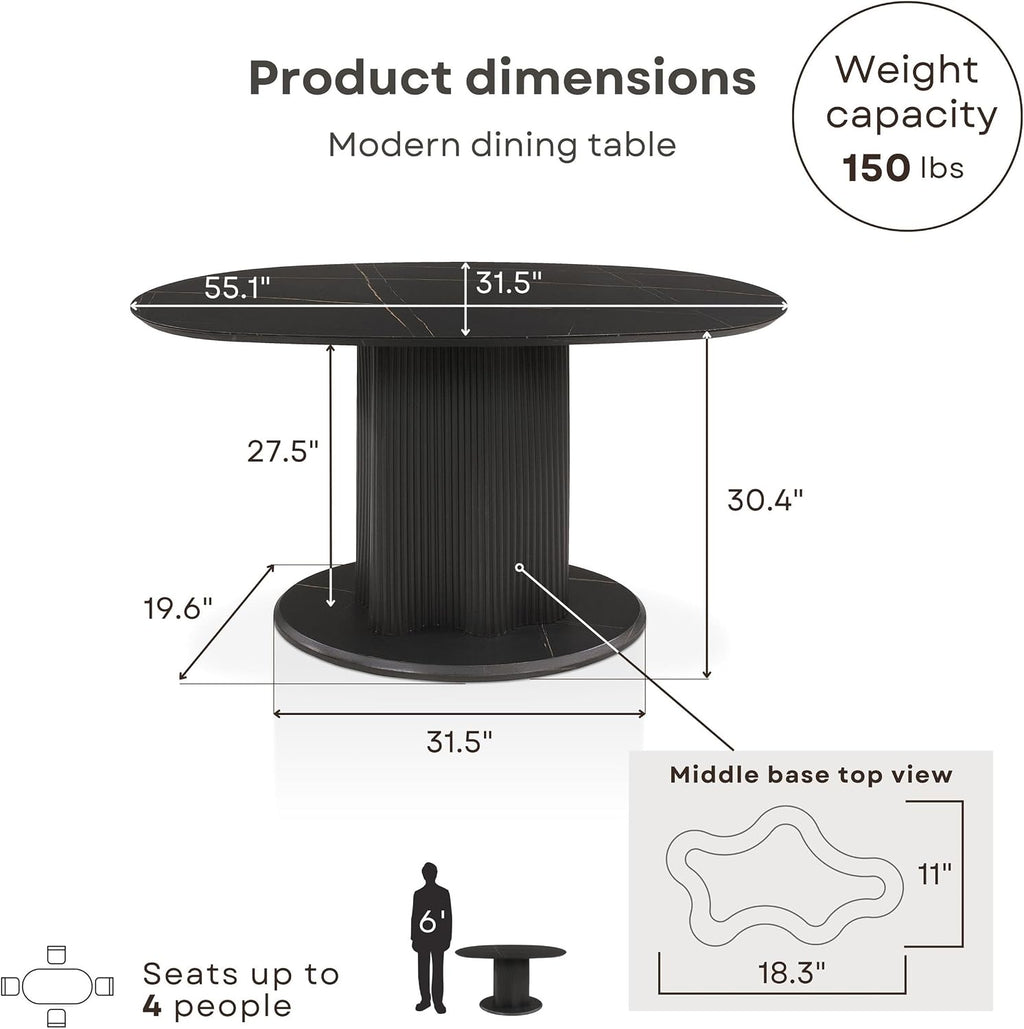 Homes: Inside + Out Elara Modern 54-inch Oval Dining Table with Fluted Pedestal Base, Seats up to 4, for Home Kitchen, Living Room, Black