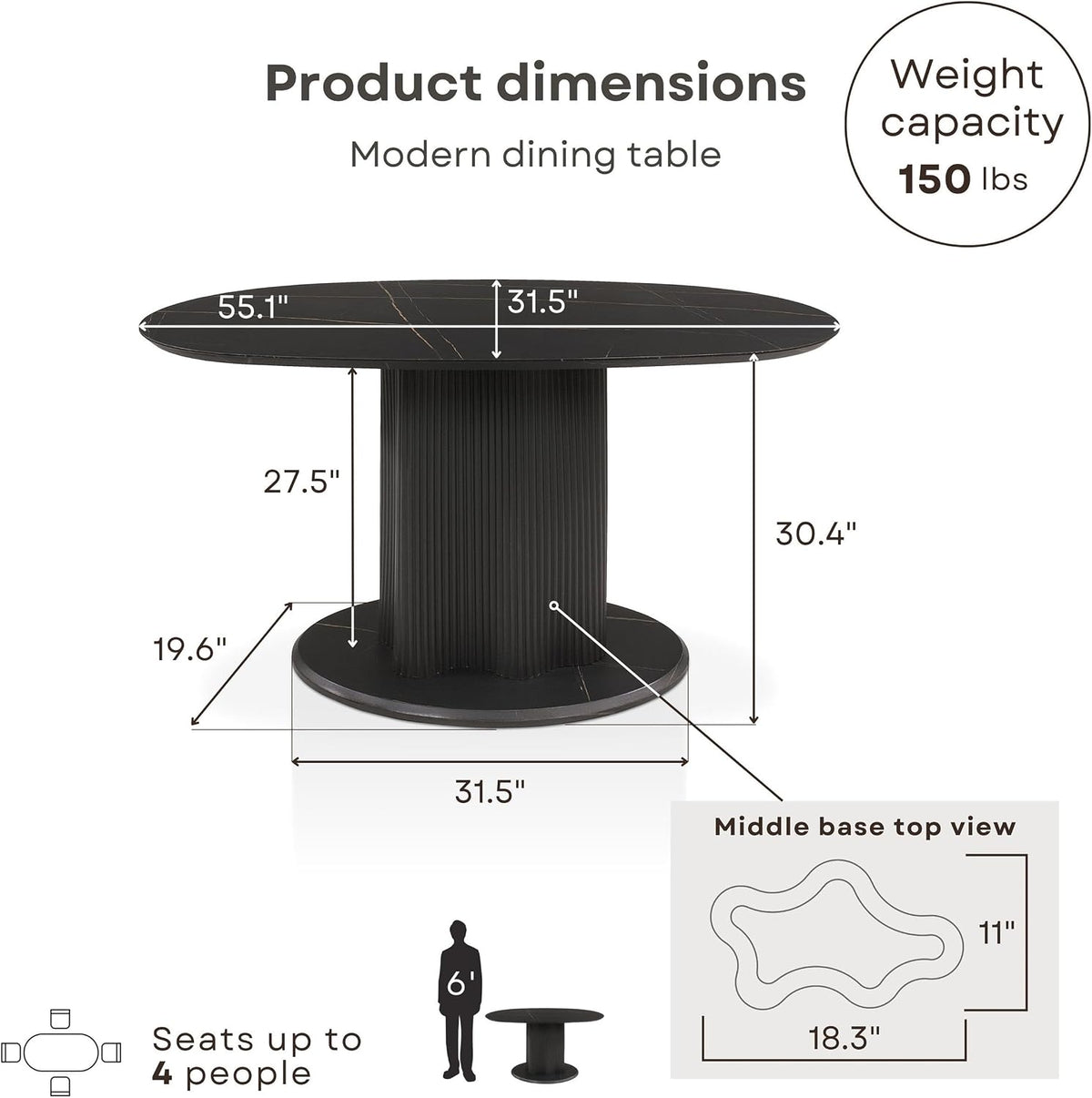 Homes: Inside + Out Elara Modern 54-inch Oval Dining Table with Fluted Pedestal Base, Seats up to 4, for Home Kitchen, Living Room, Black