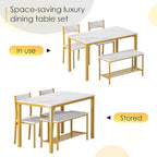 soges 4 Person Dining Table Set,43.3 inch Kitchen Table Set for 4,2 Chairs with Backrest,2-Person Bench with Storage Rack,Nesting Furniture Set for Dining Room and Restaurant, White Gold