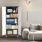 Rolling Garage Storage Cabinet with Locking Door and Shelves, 71''H Lockable Metal Storage Cabinet on Wheels, Steel Tool Cabinet for Warehouse, Basement, Utility Room, Black&Gray