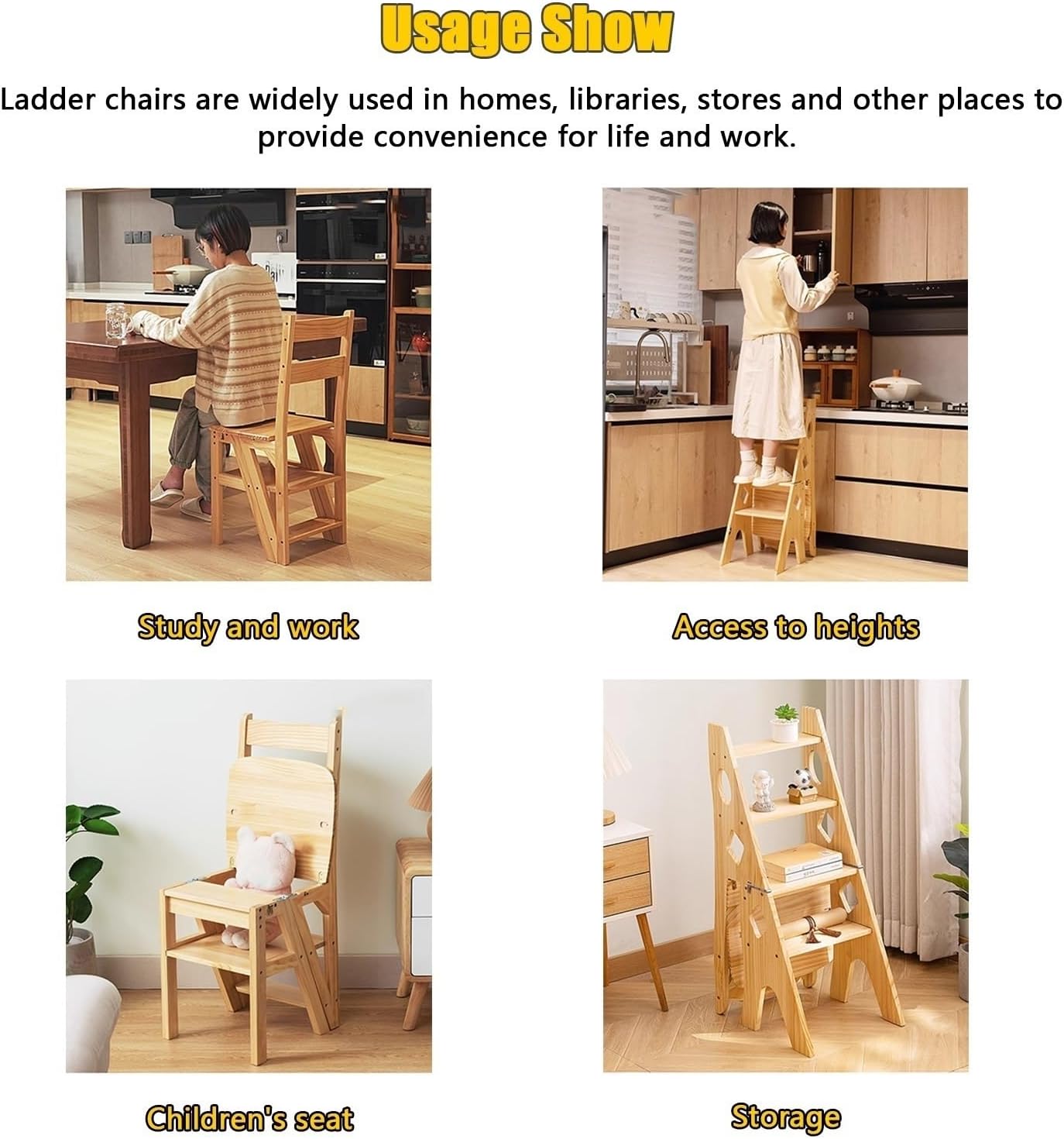 Aimery Library Ladder Chair, 2 in 1 Portable 4-Step Ladders, Wood Foldable Stool for Home, Library, Office(Dark Walnut,A)