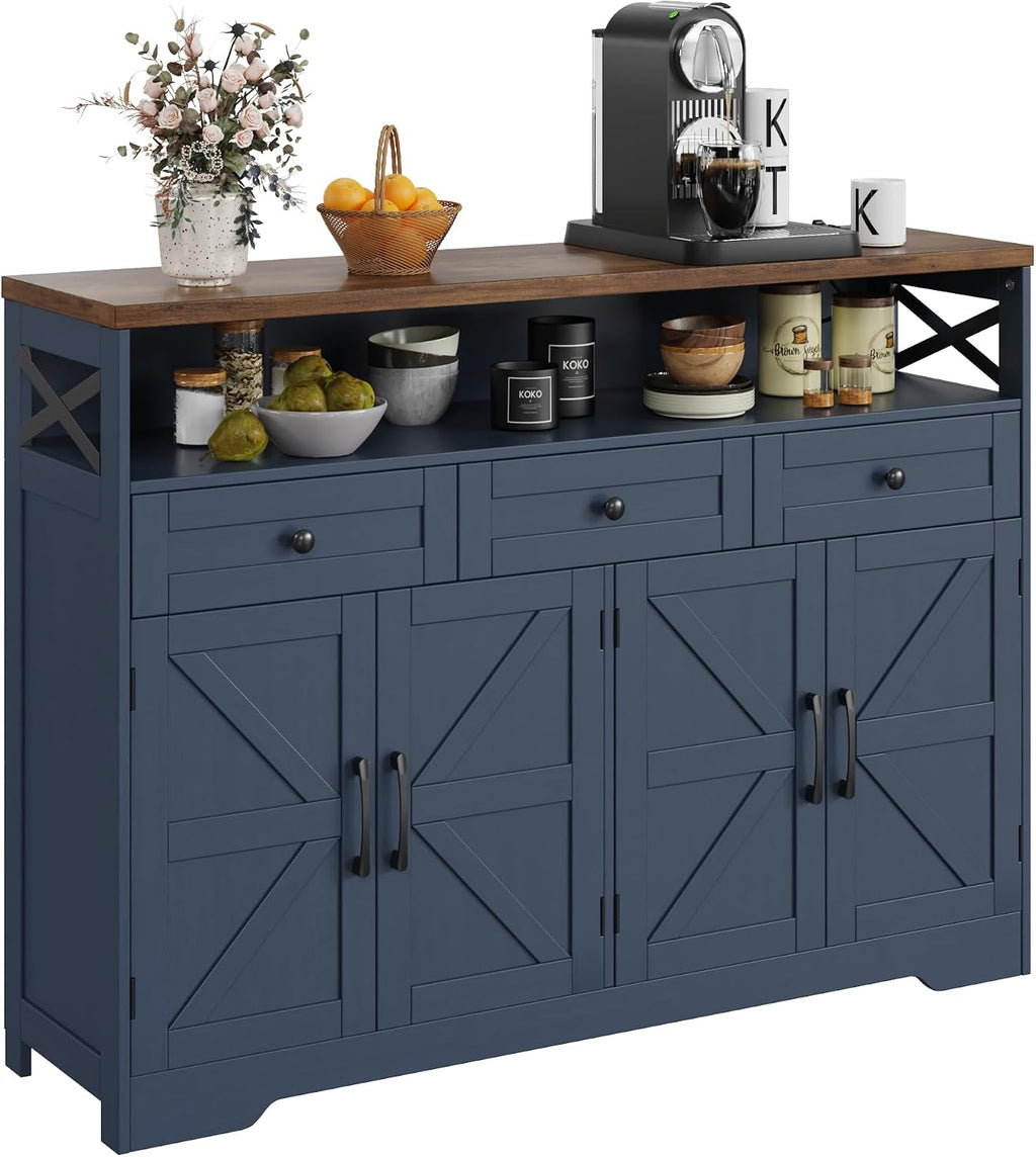Befrases Farmhouse Buffet Cabinet with Drawers & Open Shelf, Sideboard with Storage, Kitchen Pantry Cabinet Hutch, Coffee Bar Station for Kitchen, Livingroom, 52" L Blue