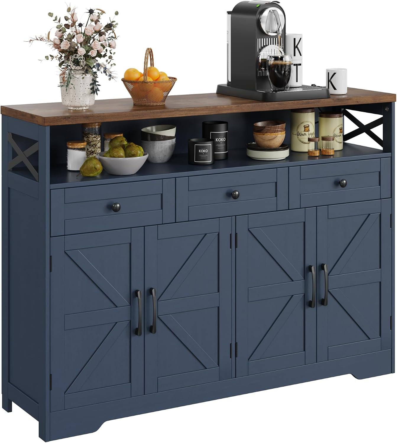 Befrases Farmhouse Buffet Cabinet with Drawers & Open Shelf, Sideboard with Storage, Kitchen Pantry Cabinet Hutch, Coffee Bar Station for Kitchen, Livingroom, 52" L Blue