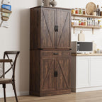 71" Tall Kitchen Pantry Cabinet with 3 Drawers,Farmhouse Storage Cabinet with 6 Barn Door Shelves,with Load-Bearing Steel Pipe and Adjustable Shelves,Pantry Organizer for Kitchen,Living Room(Brown)
