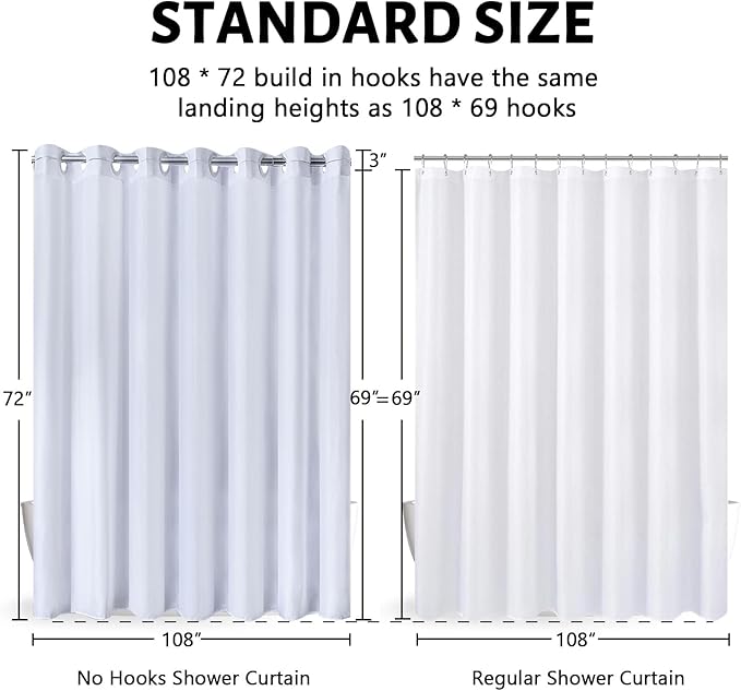 Extra Wide No Hook White Shower Curtain 108x72 Inch,Polyester Fabric Waterproof Shower Curtain Liner with 14 Plastic Split Grommets,Washable Shower Curtains for Bathroom Hotel Spa Luxury