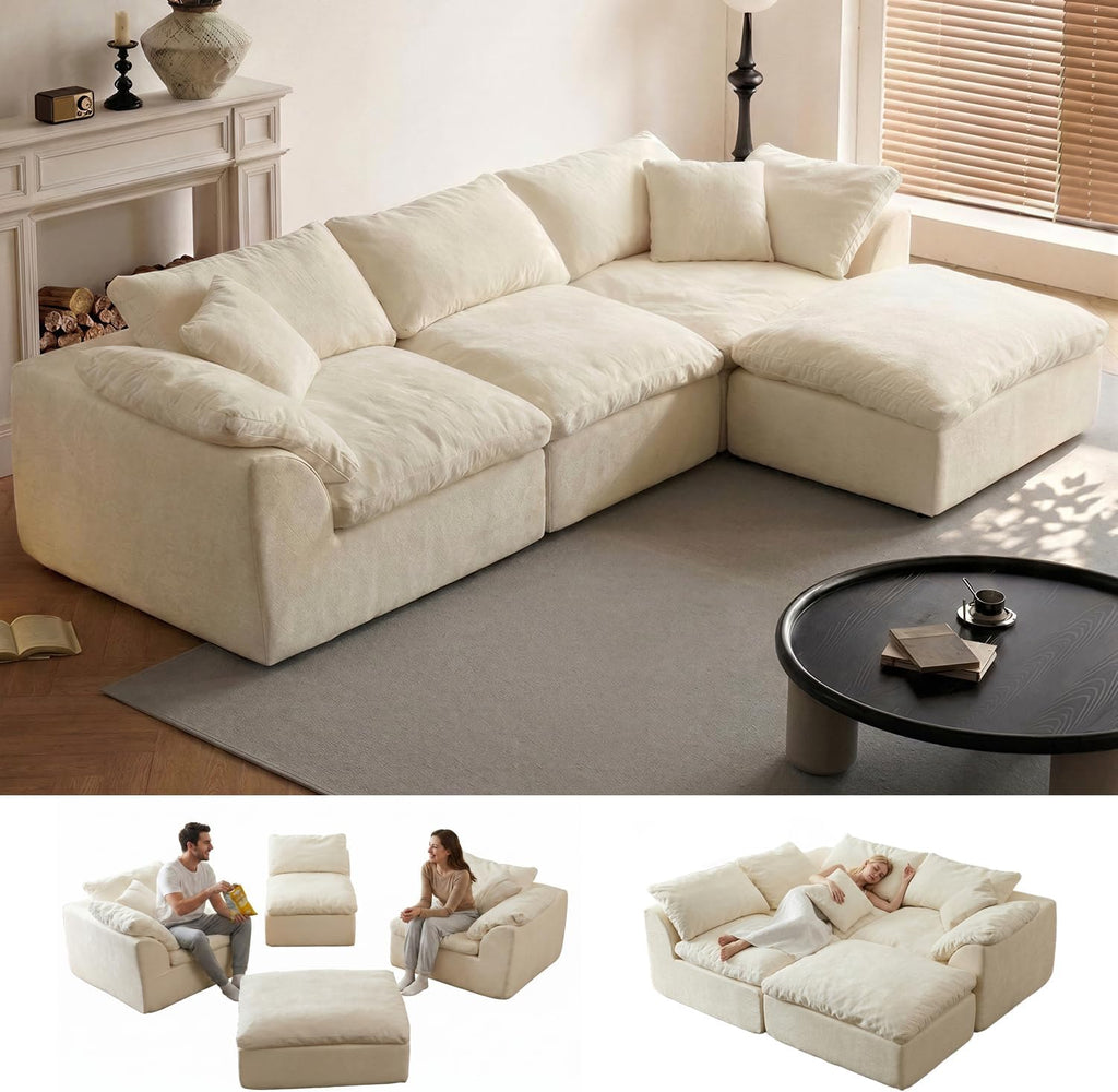 109" Cloud Couch Sectional for Living Room, Oversized Modular L Shaped Sofa with Ottoman, Deep Seat Chenille Sectional Couch, Convertible Sofa Bed for Ultimate Comfort(Lvory White)