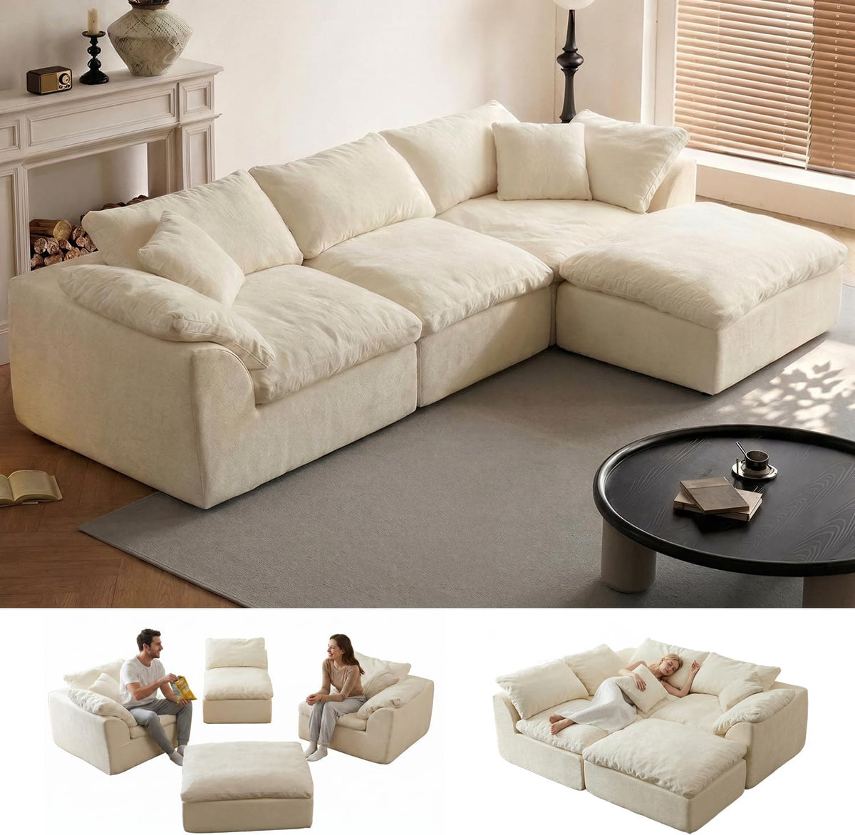 109" Cloud Couch Sectional for Living Room, Oversized Modular L Shaped Sofa with Ottoman, Deep Seat Chenille Sectional Couch, Convertible Sofa Bed for Ultimate Comfort(Lvory White)