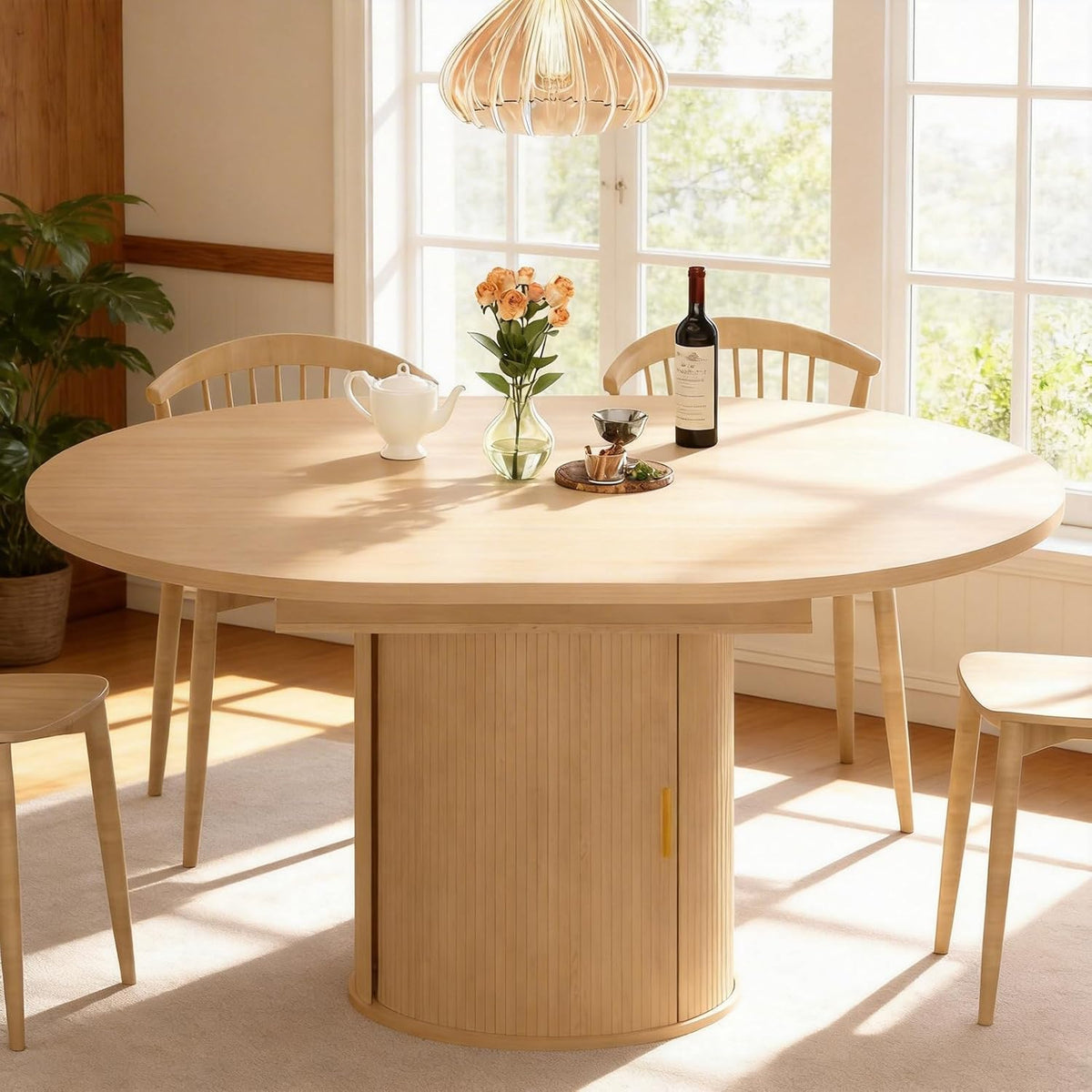 Extendable Round Dining Table: 47″–63″ Kitchen Table for 4 6 8 with Dust-Proof 2-Tier Storage Shelf Space Saving, Modern Farmhouse Expandable Wood Oval Circle Dinner Furniture with Pedestal Base