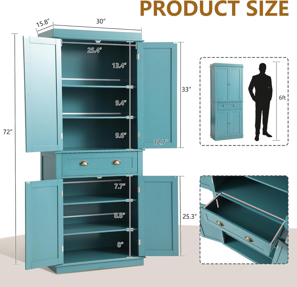 LOUVIXA 72" Kitchen Pantry Storage Cabinet, Freestanding Cupboard with 2 Cabinets, Drawer and Adjustable Shelves, Tall Storage Cabinet for Kitchen, Dinning Room, Living Room (Lake Blue)