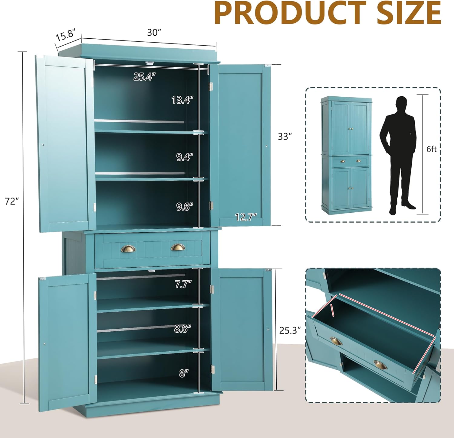 LOUVIXA 72" Kitchen Pantry Storage Cabinet, Freestanding Cupboard with 2 Cabinets, Drawer and Adjustable Shelves, Tall Storage Cabinet for Kitchen, Dinning Room, Living Room (Lake Blue)