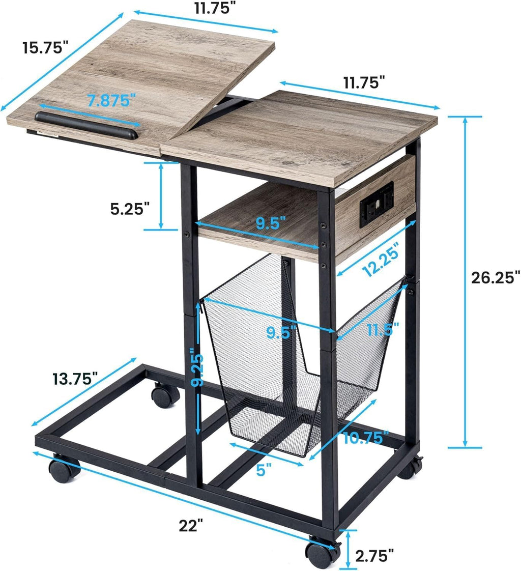 FLYJOE End Table C Shape with Charge Station, Tilting Top Side Table with Magazine Holder and Lockable Wheels, Easy Assembly for Living Room, Bedroom, Industrial Style, Grey