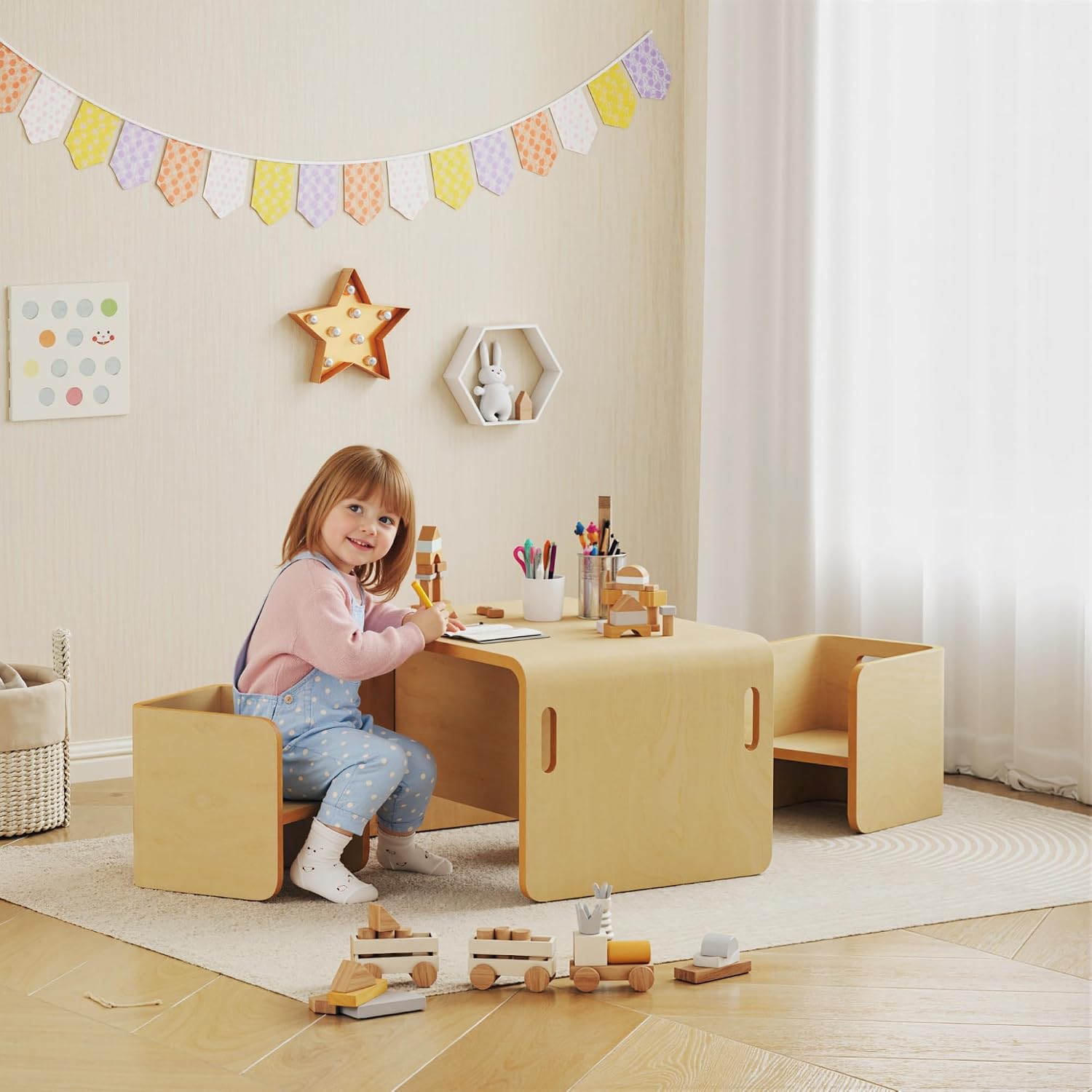 Qaba Kids Table and Chair Set, Adjustable Height Toddler Learning Desk | Natural Finish Children Furniture Set for Ages 3-8 with Adjustable Play and Study Space