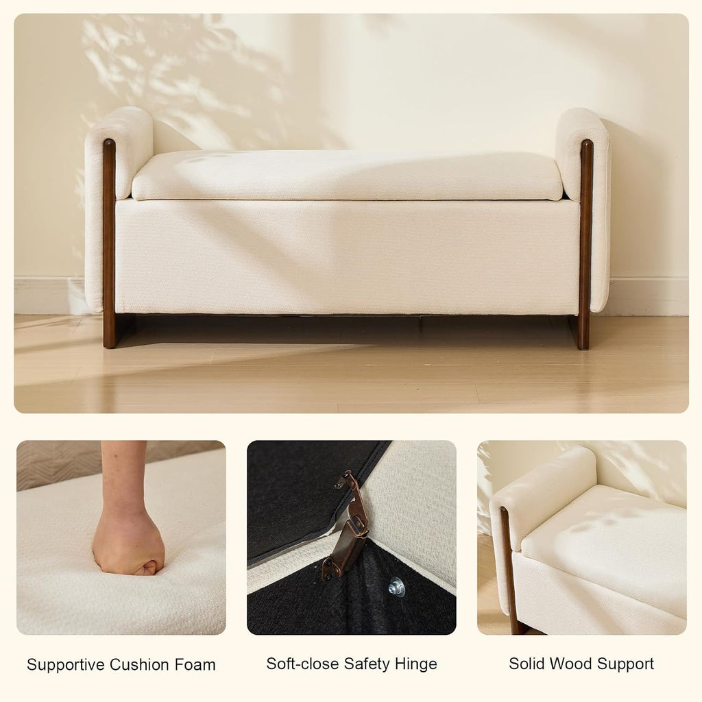 50.8 inch Storage Ottoman Bench with Armrests, Hidden Storage, Beige | End of Bed Bench, Bedroom Storage Bench , Chenille Upholstery, Solid Wood Legs, Entryway Bench, Living Room, Bedroom, Hallway