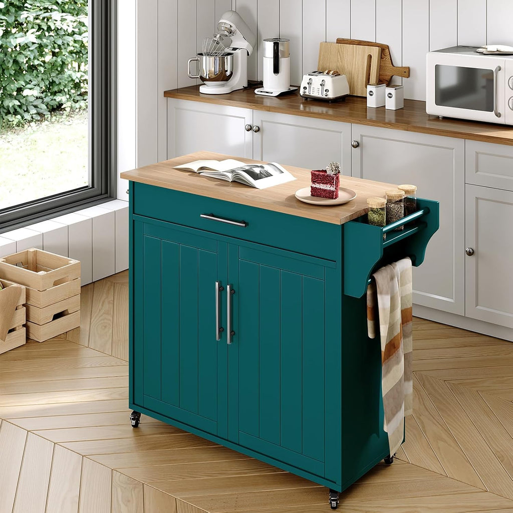 Kitchen Storage Island, Wooden Rolling Island On Wheels with Wood Top, Mobile Kitchen Island Cart with Towel Rack, Spice Rack and Drawers, Green
