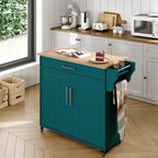 Kitchen Storage Island, Wooden Rolling Island On Wheels with Wood Top, Mobile Kitchen Island Cart with Towel Rack, Spice Rack and Drawers, Green